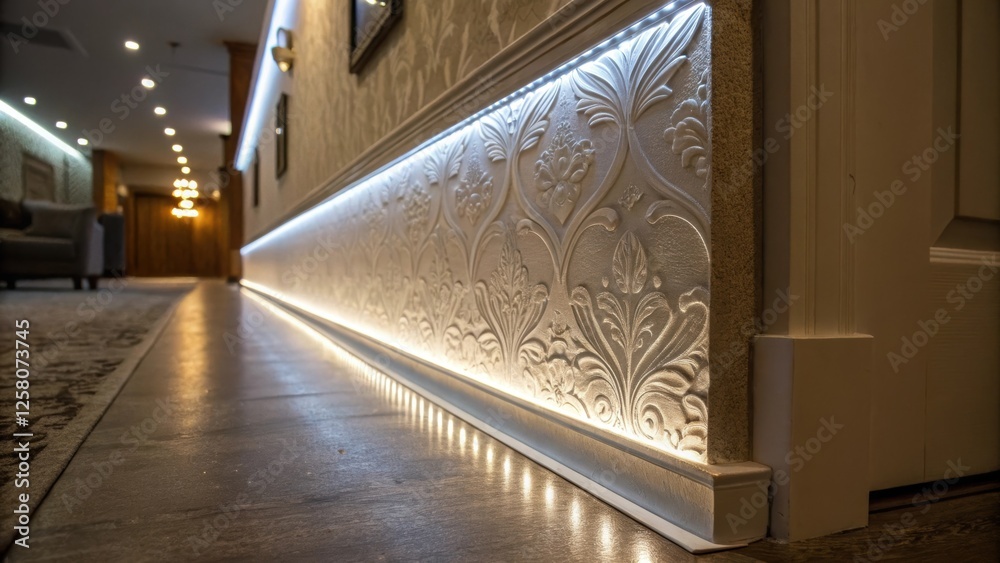 Poster a closeup of a corner in the hallway where a motionactivated lighting strip illuminates decorative w