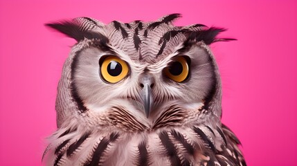 Obraz premium Majestic Spotted Eagle Owl Close Up Portrait on Vibrant Pink Background