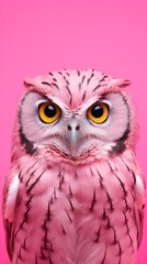 Fototapeta premium Pink Owl Portrait Striking Bird Closeup on Pink Background Unique Avian Photography