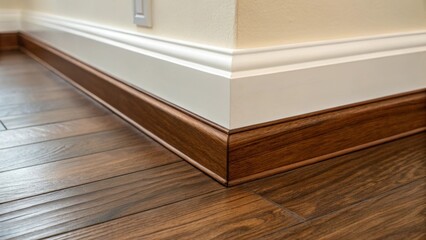 A closeup of a corner transition between a wall and the newly laid hardwood with a focus on the clean lines and seamless fit.