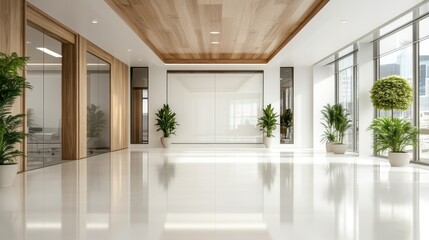 Fototapeta premium A sleek and spacious office lobby featuring large windows, wooden accents, and green plants, creating a welcoming atmosphere for visitors and employees alike.