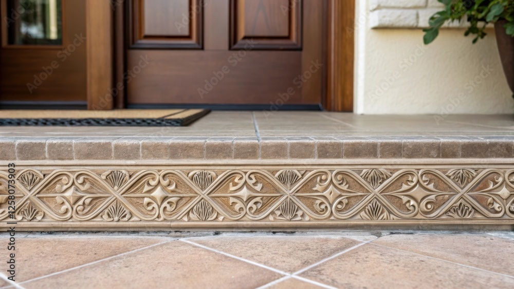 Poster a closeup of a decorative border tile being intricately p at the edge of the entryway showing off it