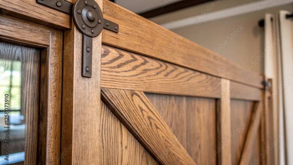 Aufkleber a closeup of a decorative element on the sliding barn doors frame such as a handcrafted wood detail 