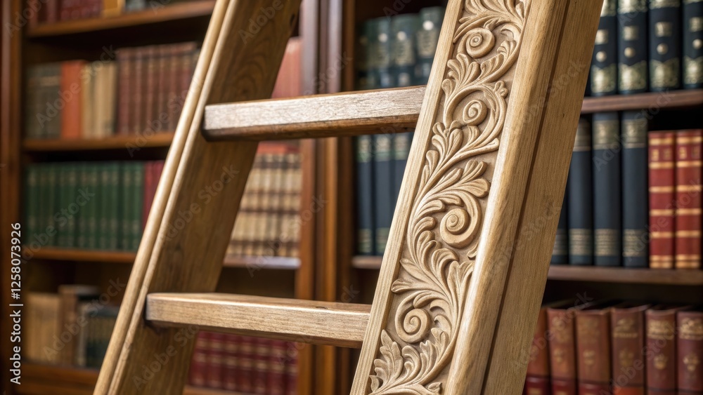 Aufkleber A closeup of a decorative ladder end piece featuring carved details that complement the librarys overall aesthetic with books in the background arranged by color.