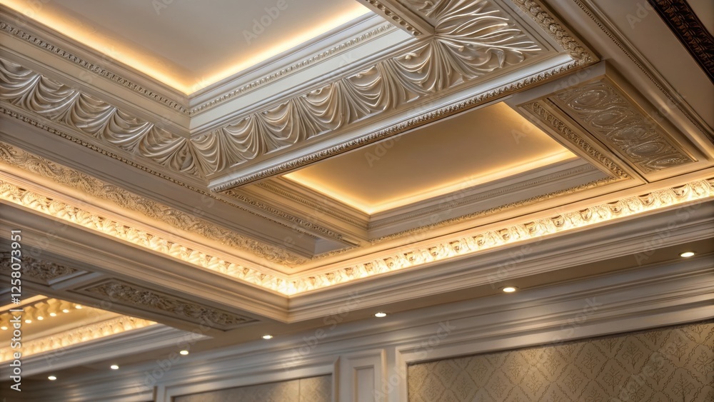 Poster a closeup of a decorative crown molding on a coffered ceiling where subtle led backlighting emphasiz