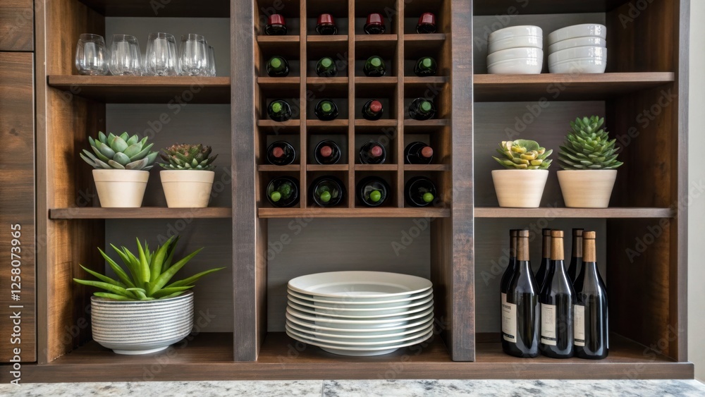 Poster a closeup of a corner of a dining room where a wine rack is constructed into a shelving unit featuri