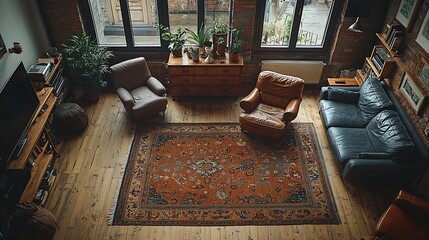 Loft apartment living room, leather armchairs, rug, city view