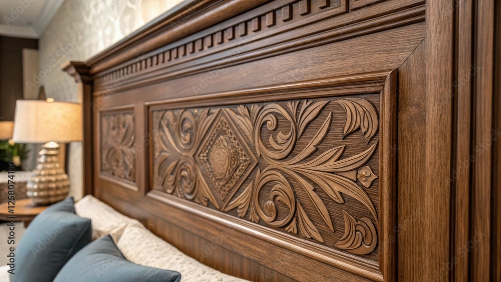 Poster a closeup of a decorative panel on a murphy bed featuring intricate wood grain patterns that enhance