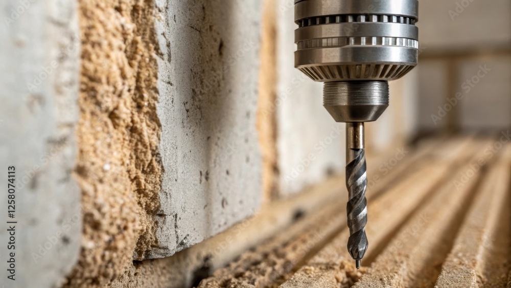 Poster A closeup of a drill bit poised against a wall about to make contact with a focus on the intricate details of the bit and the texture of the surrounding wall surface.