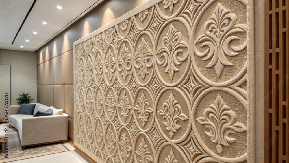 Poster a closeup of a decorative wall art piece that doubles as an acoustic panel blending aesthetics with 
