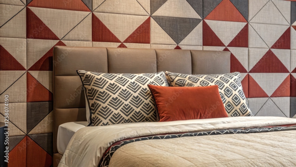 Poster a closeup of a fabric wall featuring bold geometric patterns with a stylish bedspread matching its t