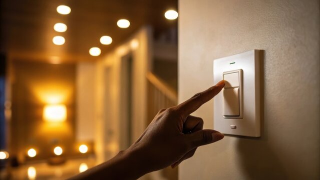 A closeup of a dimmer switch installed on the wall with a hand adjusting it casting a warm ambiance as recessed lights are lit to varying intensities.