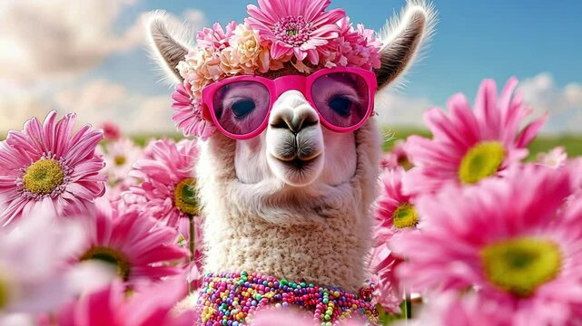 Playful hippie llama with colorful accessories surrounded by pink flowers
