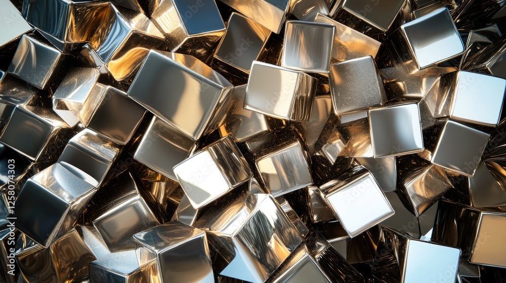 Aufkleber a collection of shiny metallic cubes and cylinders arranged intricately, reflecting light and creati