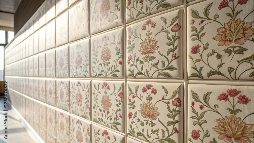 Aufkleber A closeup of a finished section of wall adorned with floralpatterned magnetic panels with natural light casting soft shadows that enhance the patterns.