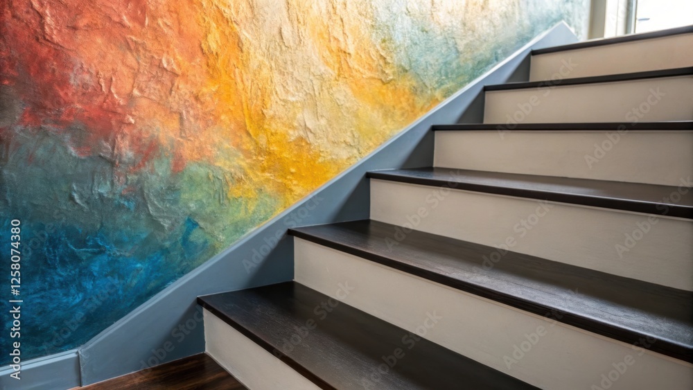 Poster A closeup of a floating step with a painted accent wall in the background reflecting changes in texture and color that enhance the renovation theme.