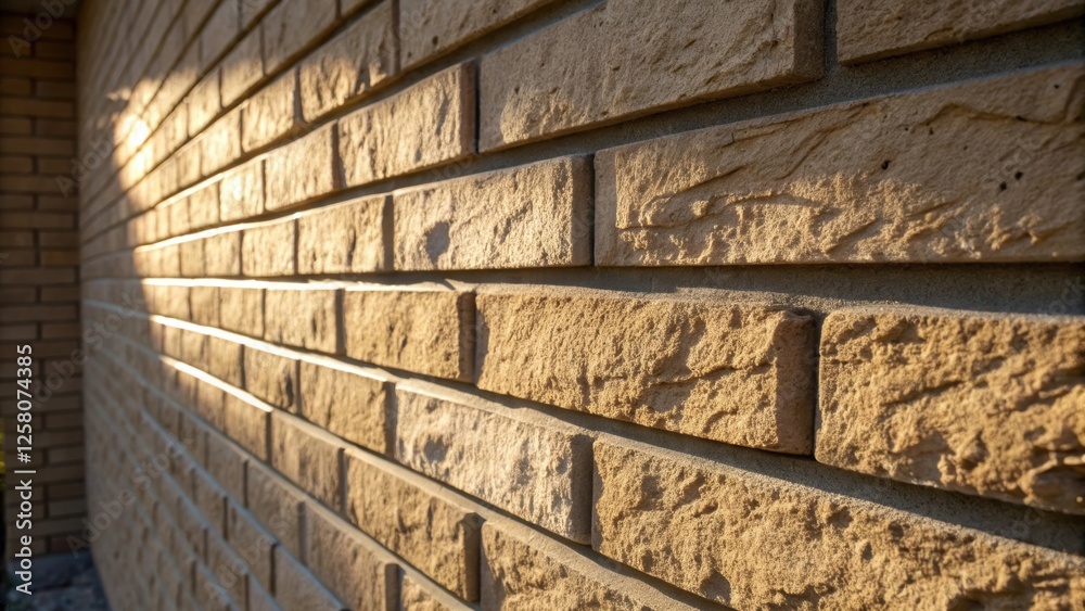 Aufkleber A closeup of a finished wall section highlighting the interplay of light and shadows on the rough surface of the brick veneers creating a dynamic visual effect.