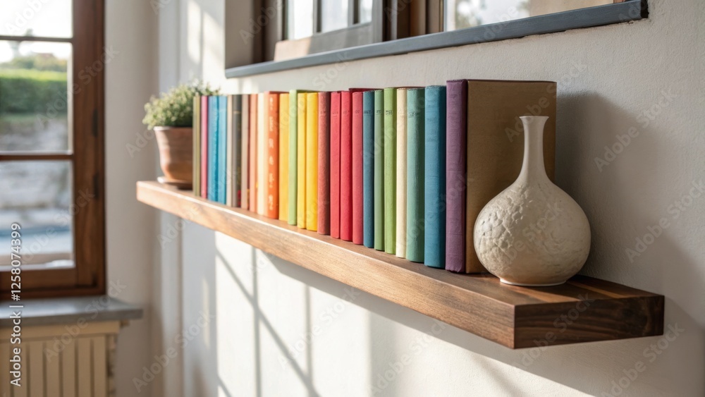Poster A closeup of a floatmounted bookshelf in a hallway with an array of colorful spines and a delicate ceramic vase on display captured in natural light from a nearby window.