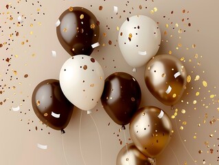 Festive beige background featuring brown and white balloons and golden confetti, perfect for birthday party banner designs.