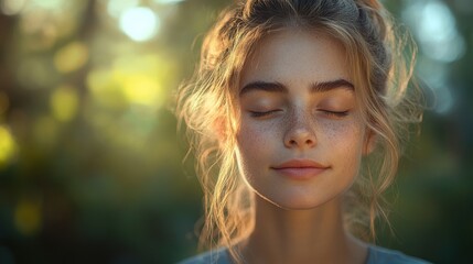 Serene young woman with closed eyes enjoying nature's tranquility in a sunlit garden backdrop