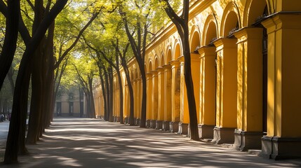 Sunlit Autumn Alleyway with Yellow Colonnade