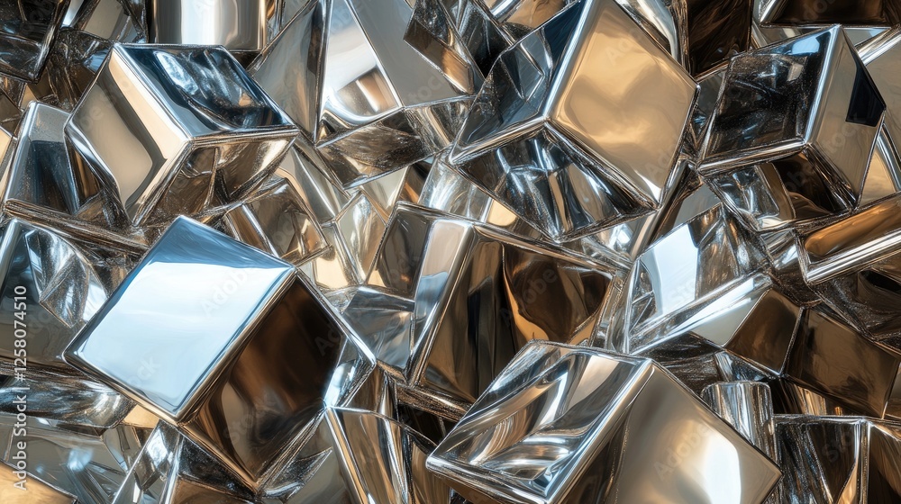 Poster a collection of shiny metallic cubes and cylinders arranged intricately, reflecting light and creati