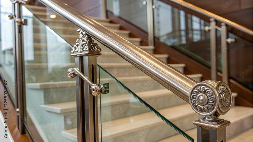 Poster A closeup of a glass railing with decorative custom hardware emphasizing the craftsmanship and attention to detail in the staircase design.