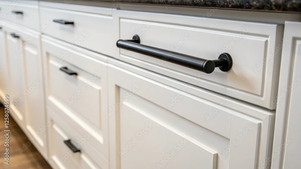 Poster a closeup of a freshly installed matte black handle on a white cabinet with soft light reflecting of