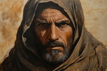 Portrait of a bearded man wearing a tattered hood, conveying strength and resilience in an arid landscape