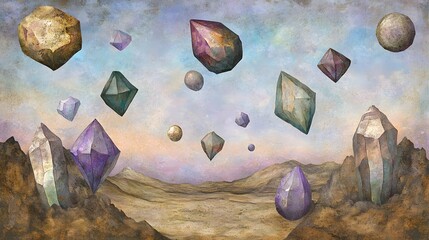 Surreal Desert Landscape with Floating Crystals and Gems