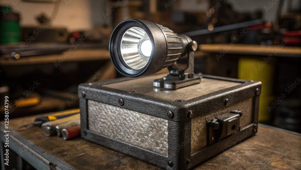 Poster a closeup of a halogen spotlight embedded in a rugged metal housing featuring an adjustable head tha