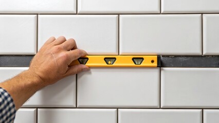 A closeup of a hand holding a spacers tool between two newly laid tiles accentuating the exactitude needed for proper grout lines and even spacing.