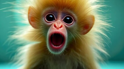 Adorable golden monkey with surprised expression on vibrant turquoise background