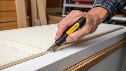 A closeup of a hand using a utility knife to trim an acoustic panel to fit snugly in a corner indicating the customization process.