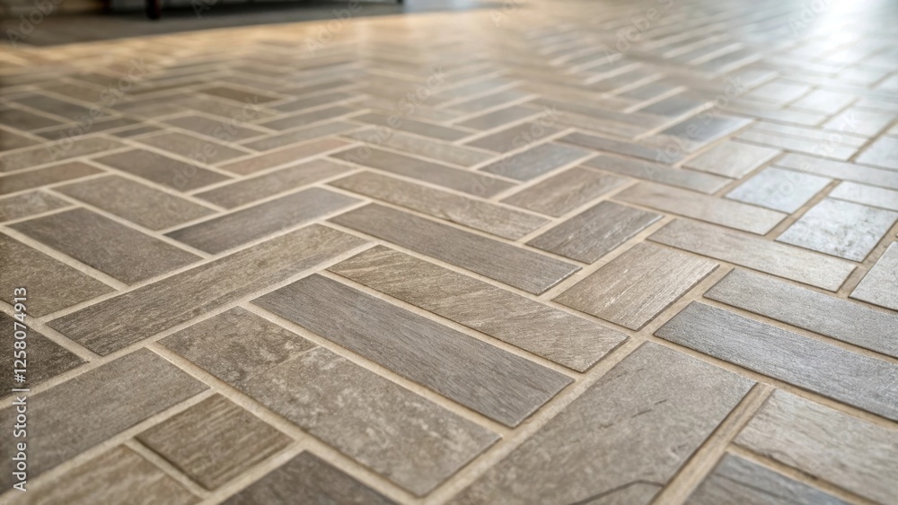 Fototapete A closeup of a herringbone pattern in muted grays with subtle textures highlighted invoking a sense of warmth and sophistication in the transition space.