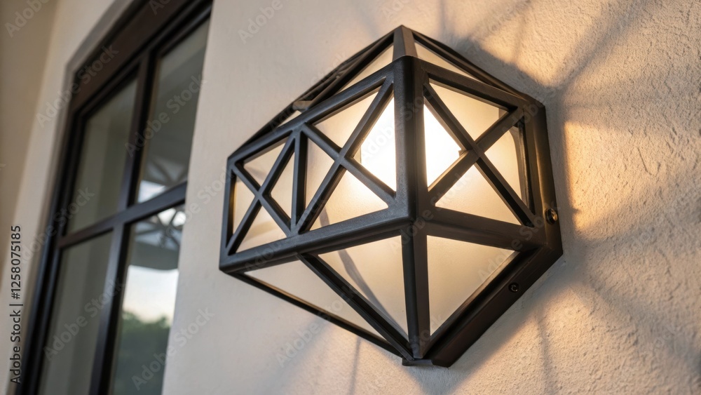 Poster A closeup of a matte black wall sconce with a unique geometric shape the light reflecting off its matte finish creating a stark contrast with the lightcolored wall.