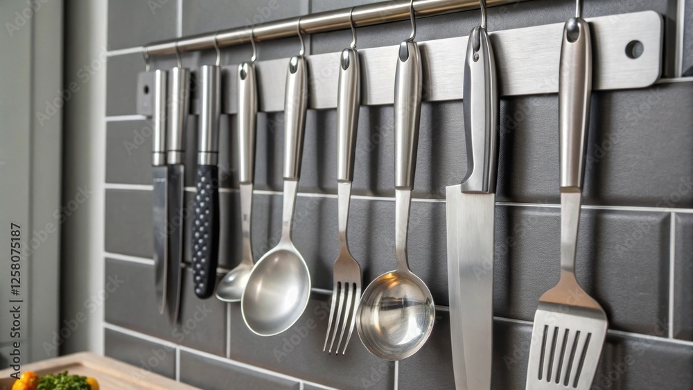 Poster A closeup of a magnetic strip on a kitchen wall displaying metallic kitchen tools demonstrating a spacesaving solution that keeps essentials within reach.