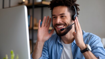 Happy Smiling Man Wearing Headset Video Conference Call Customer Service Support Online Helpdesk Friendly Consultant Professional Business Communication Technology Modern Workplace Remote Work Digital