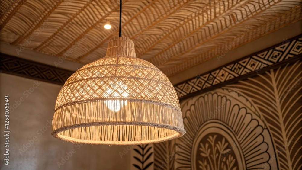 Poster A closeup of an elegant pendant light made from woven natural fibers casting soft intricate patterns on the walls and ceiling blending seamlessly with a bohemianstyle living area.