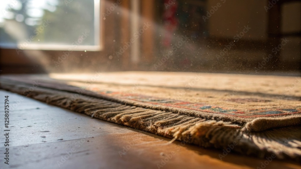 Poster a closeup of an old carpet being lifted away revealing the floor underneath with dust motes illumina