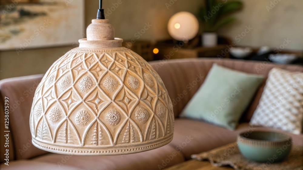 Poster a closeup of an intricately designed ceramic pendant light showcasing its textured surface and soft 