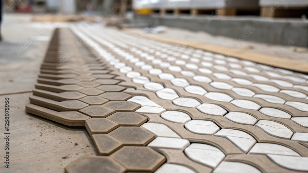 Aufkleber A closeup of a partially finished area featuring hexagonal tiles arranged in a wavelike motion conveying movement and fluidity within the design.