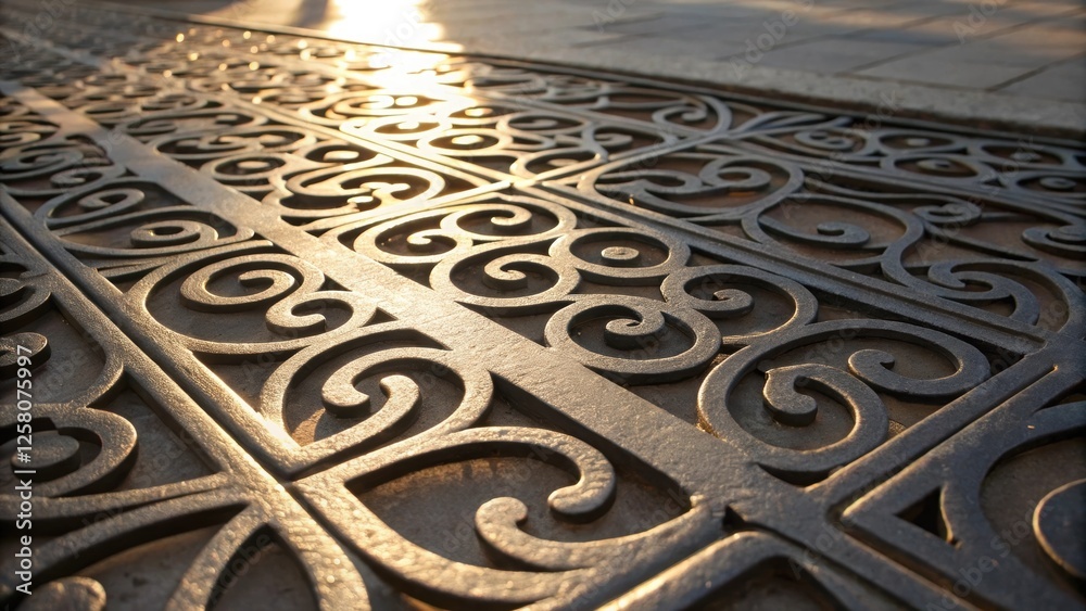Poster a closeup of a patterned metal grille featuring swirling motifs with the light creating dynamic refl