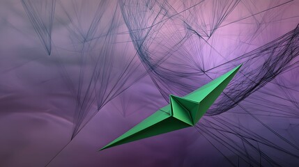 Abstract Green Origami Boat Sailing Through Purple Network