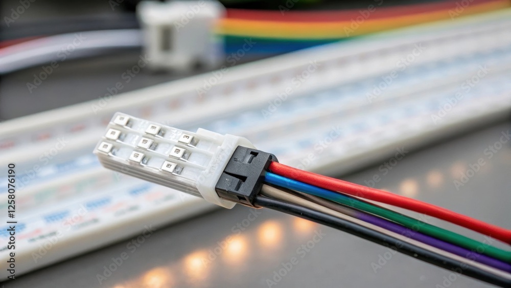 Poster A closeup of a power connector attached to the end of an LED strip showing the wires neatly organized and ready for connection.