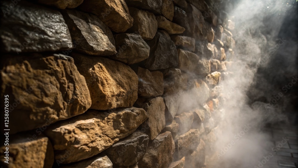 Poster a closeup of a rustic stone wall with rough natural edges interspersed with dampness from steam evok