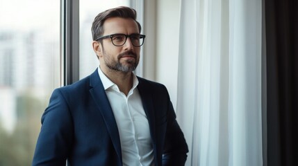 Fototapeta premium Businessman standing near a window, soft natural light on a solid white background.