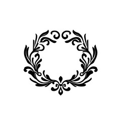Black botanical floral round wreath, classic graphic design, detailed, elegant, and minimalist, with stylized leaves, swirls, and ornamental elements.
