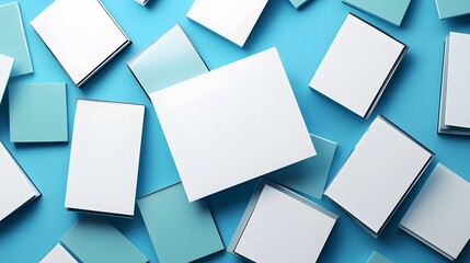 Blank White and Light Blue Notepads Mockup Scattered on Blue Background