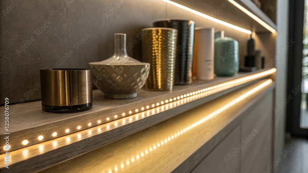 Poster A closeup of a sleek LED strip mounted along the edge of a recessed shelf casting a warm glow that illuminates the items displayed.